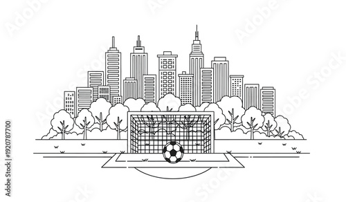 Black and white illustration of a soccer goal in front of a city skyline with trees and buildings
