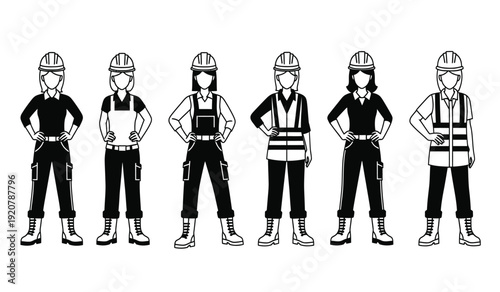 A group of six construction workers wearing hard hats and safety gear standing in a row