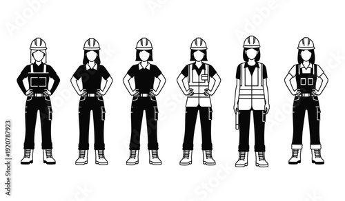 Six construction workers in various uniforms and safety gear standing in a row