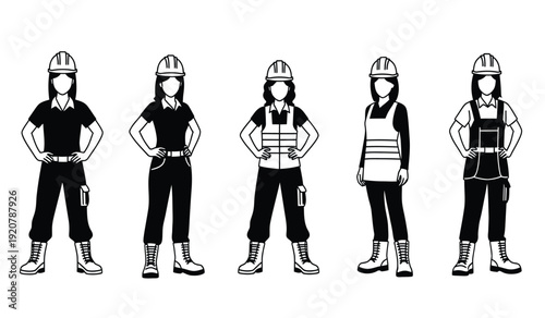 Five female construction workers wearing safety gear and hard hats standing in different poses