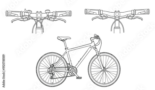 Detailed technical drawing of a bicycle from multiple angles in a line art style
