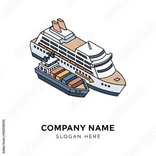 Isometric illustration of a cruise ship and cargo vessel at sea.