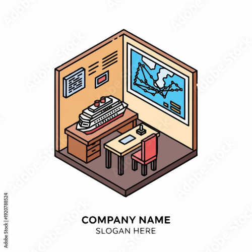 Isometric illustration of a modern office workspace with a desk and chair.