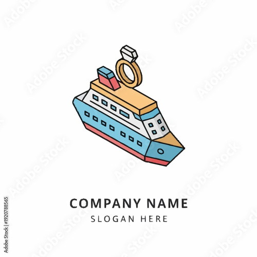 Cruise Ship with Wedding Ring Logo Template.