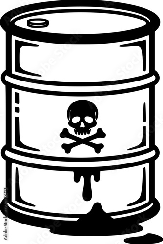 Industrial barrel with liquid leak and spill for environmental pollution and chemical hazard concept – Black and White Vector Illustration