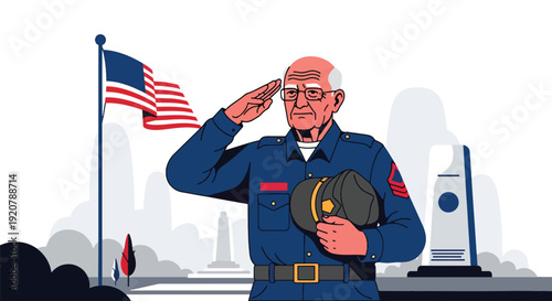 Modern vector illustration of military veteran saluting during remembrance ceremony near memorial with flag elements in clean flat style and solid colors, respectful tribute and honor concept