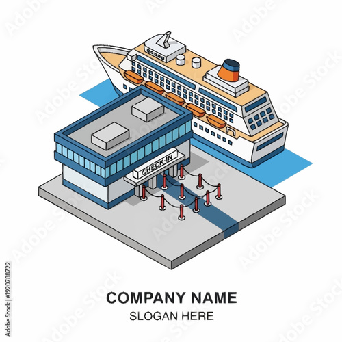 Isometric illustration of a cruise ship docked at a terminal building.