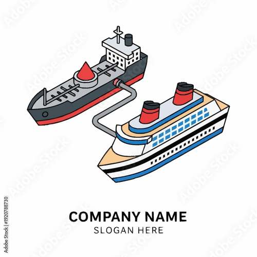 Vector illustration of a cargo ship refueling a cruise liner at sea.