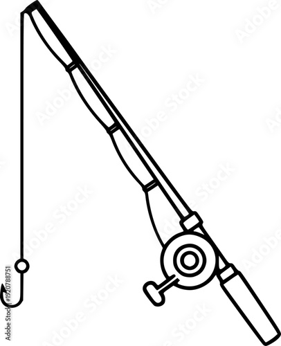 Fishing rod with lure and wavy water for summer leisure hobby and outdoor recreation – Black and White Vector Illustration