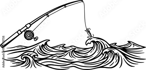 Fishing rod with lure and wavy water for summer leisure hobby and outdoor recreation – Black and White Vector Illustration
