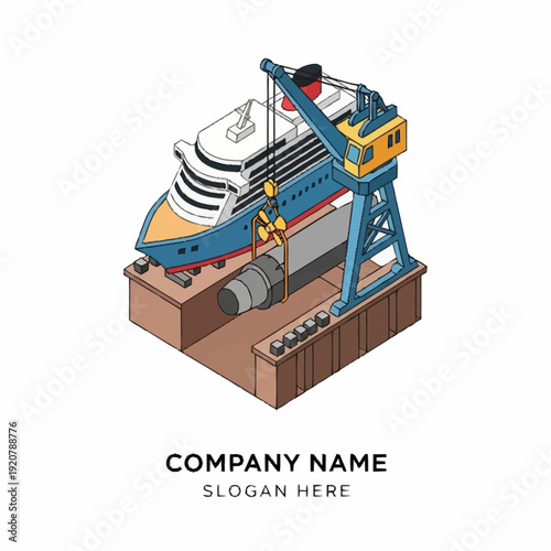 Isometric illustration of a cruise ship in dry dock for maintenance and repair.