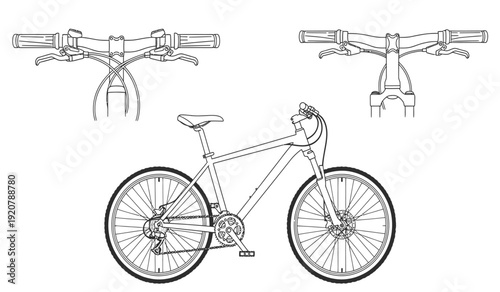 Detailed technical drawing of a bicycle with handlebar components