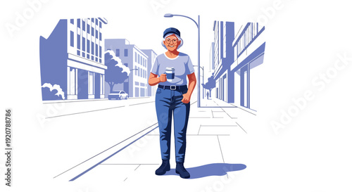 Modern vector illustration of female military veteran in casual outfit walking in city street holding coffee in flat solid color style representing modern civilian lifestyle and independence