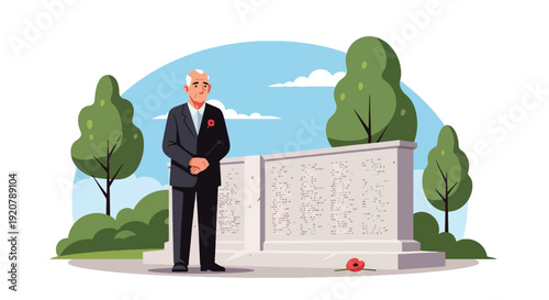 Modern vector illustration of military veteran standing near memorial wall reading names in respectful pose with flat solid color style symbolizing remembrance and honor