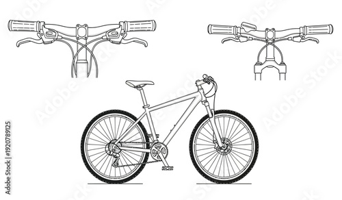 Detailed technical drawing of a bicycle with handlebar and wheel views