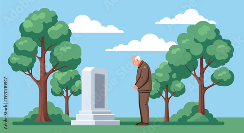 Modern vector illustration of military veteran standing near memorial wall reading names in respectful pose with flat solid color style symbolizing remembrance and honor