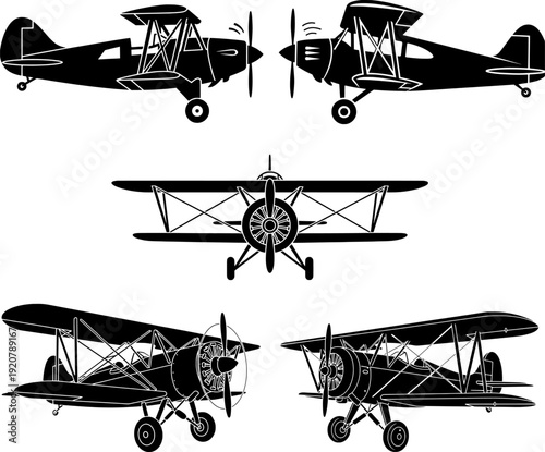 Vintage Biplane Airplane Silhouette Illustration Set