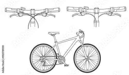 Detailed technical drawing of a bicycle with two additional side views shown above the main view