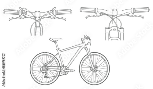 Detailed technical drawing of a bicycle with multiple views and