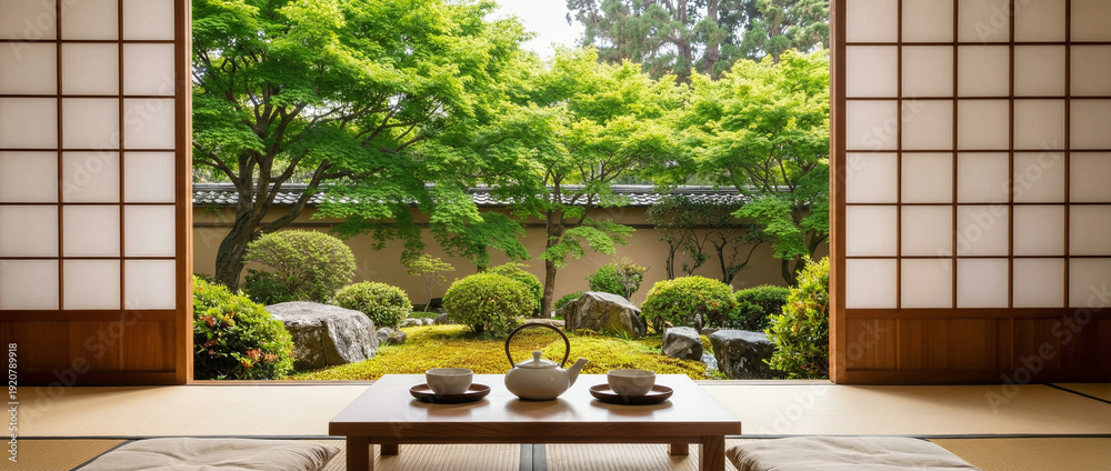 Fototapeta premium Traditional Japanese tea room with tatami mats and shoji screens overlooking a lush green zen garden with stone lanterns and moss. 
