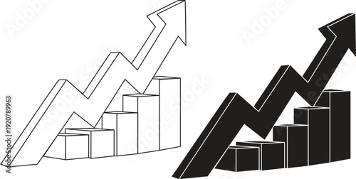 Uptrend bar chart with an ascending arrow in outline and solid fill vector styles