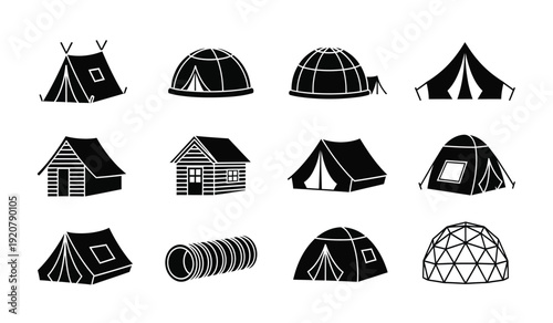 Collection of various tent and camping shelter icons in black silhouette