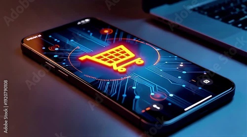 Smartphone displays glowing shopping cart on screen next to laptop