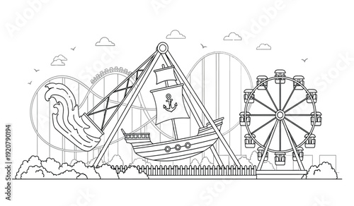 A black and white line drawing of an amusement park with a pirate ship and a ferris wheel