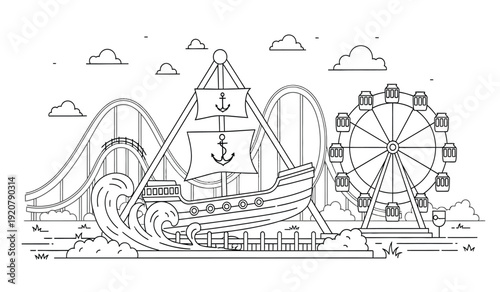 A black and white line drawing of an amusement park with a pirate ship roller coaster and a ferris wheel
