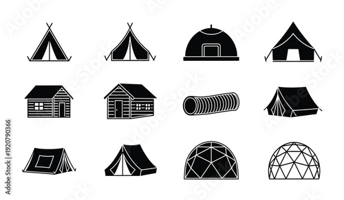 Collection of various black and white icons of tents and huts for travel and outdoor activities