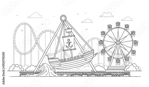 A black and white line drawing of an amusement park with a pirate ship roller coaster and a ferris wheel