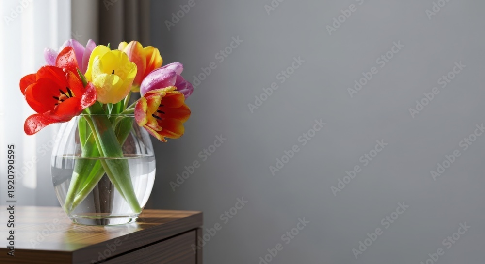 Fototapeta premium Colorful tulips in clear glass vase on wooden table. Fresh colorful tulips bouquet brightens room with natural light, soft curtain visible. Concept colorful tulips for spring decor, greeting cards,
