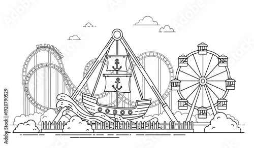 Amusement park with a rollercoaster, pirate ship, and ferris wheel on a with clouds