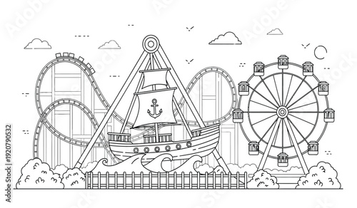 A black and white line drawing of an amusement park with a roller coaster and a ferris wheel