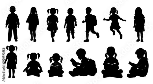 Children playing together in various poses and activities