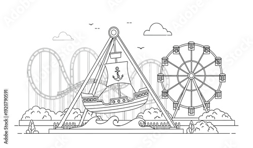 A black and white illustration of a carnival with a ferris wheel and a pirate ship