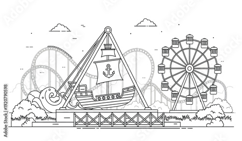 A black and white illustration of an amusement park with a pirate ship ride and a ferris wheel