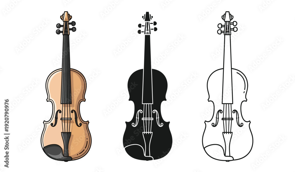 Fototapeta premium Three violins in different colors and line art style