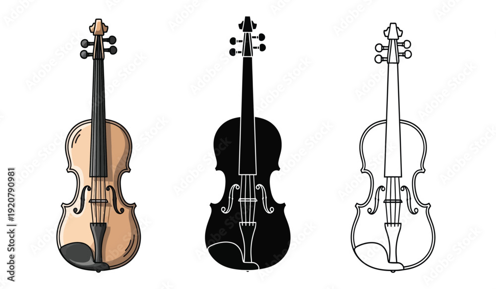 Fototapeta premium Three violins in different colors and line art