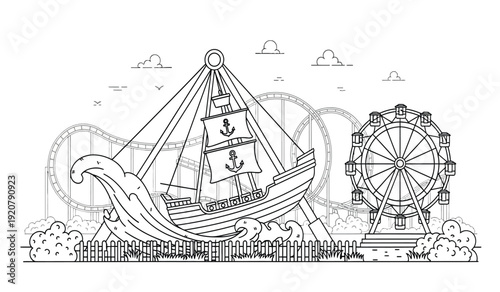Colorful illustration of a pirate ship and ferris wheel at an amusement park with fun rides and attractions