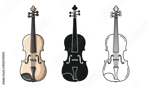 Three violins in different colors and line art