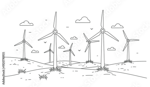 Wind turbines standing tall in a field with clouds and grass on a sunny day with renewable energy concept