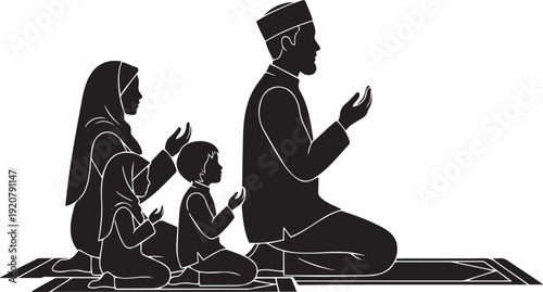 Muslim Family Praying Together – Islamic Prayer Silhouette Vector Illustration