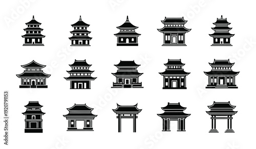 Collection of various traditional chinese architecture and gate silhouettes