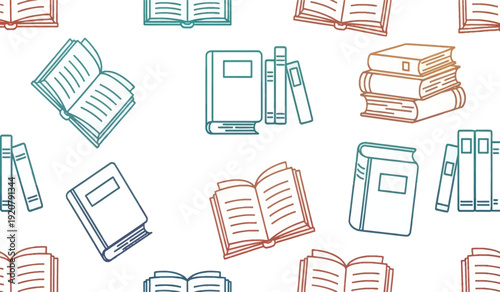 Colorful illustration of various books and textbooks for educational or library themes