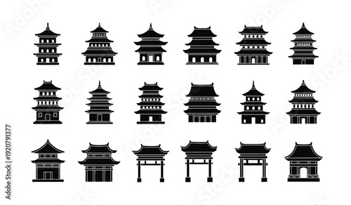 Collection of various asian pagoda and temple silhouettes for design and decoration purposes