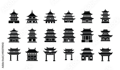 Collection of various traditional chinese pagodas and gates in black silhouette