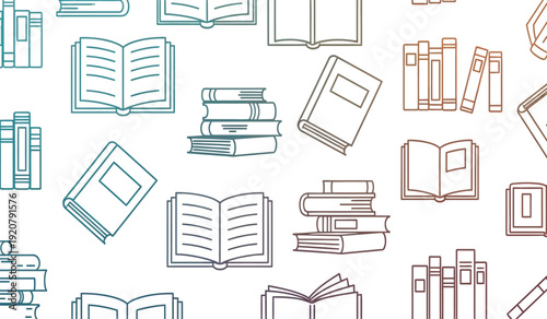 Colorful illustration of various books and textbooks scattered for educational or library use