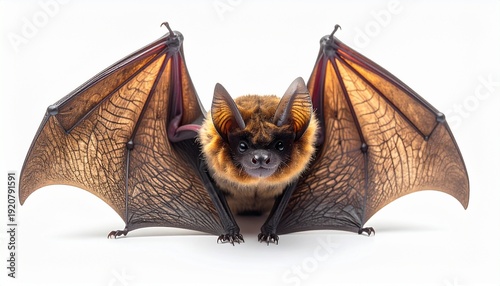 A brown bat with large ears and furry body sits with its membranous wings fully spread, looking directly at the camera. The nocturnal mammal is shown in a detailed studio shot on a white background.