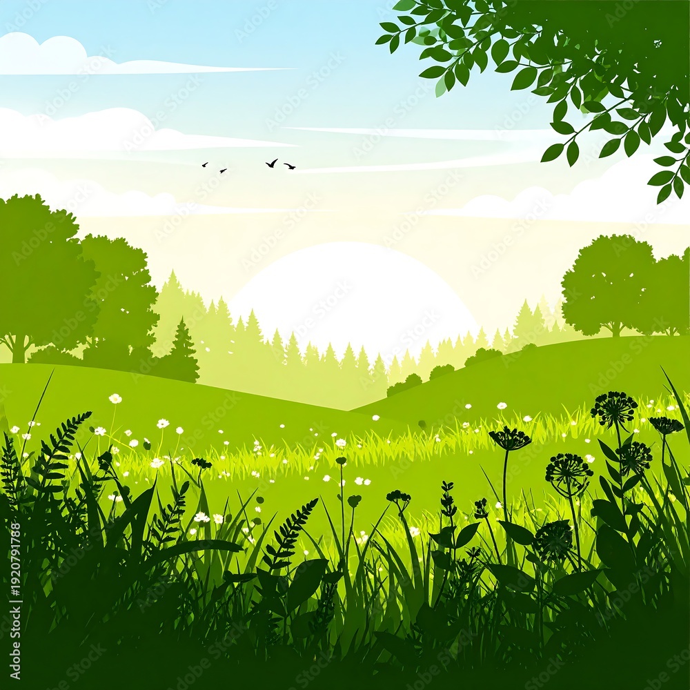 Naklejka premium Lush, green landscape with rolling hills, foliage, and a bright sun setting on the horizon